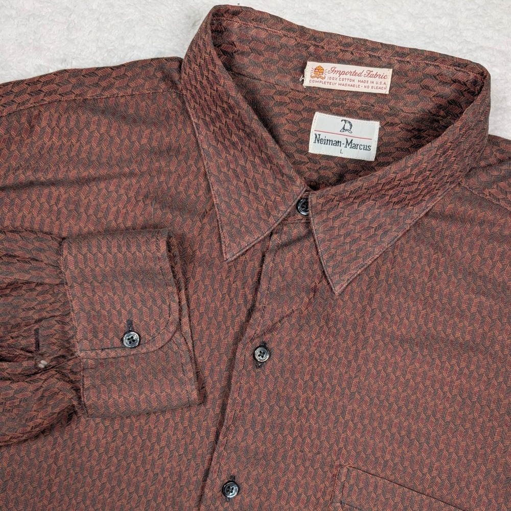 Vintage Neiman Marcus Shirt Mens L Brown Geometric Woven Button Made USA 70s 80s